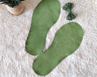 Pre-Punched Suede Leather Soles: Adult Slippers, Green Anti-slip Booties, Knit Socks