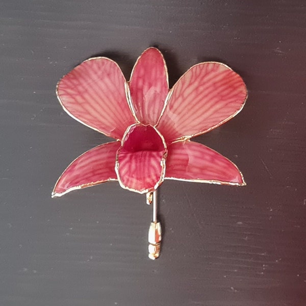 Vintage Large Orchid Flower Enamel Brooch, Lapel Pin, Statement Brooch, Gold Tone, Pink, Spring, Summer, Retro