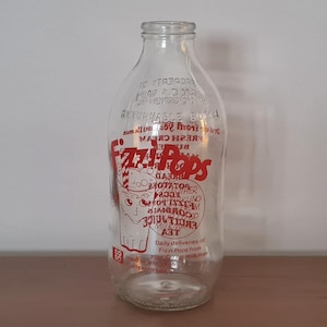 Vintage Glass Milk Bottle 1980s Fizzi-Pops Co-Op Pint Bottle Clear Advertising Glass GMCS Dairy Birmingham Red & Clear Glass Retro Kitchen