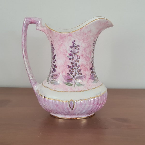 Vintage Hand-Painted Pearlescent Pitcher Jug Vase, Signed by Artist, Floral, Pink Purple, Very Pretty