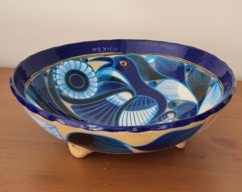 Vintage Mexican Pottery Large Footed Tripod Bowl, Mexican Folk Art, Cobalt Blue, Bird, Flowers, 25cm Diameter