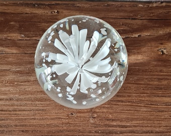 Vintage Art Glass White Flower Paperweight, Clear, Heavy, 9 cm Diameter
