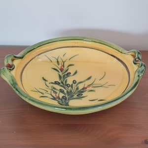 Vintage Barocco Valbonne Fait Main Bowl With Handles French Pottery Large Serving Dish Yellow Green Olive Vines Pattern 10&quot; Diameter Bowl