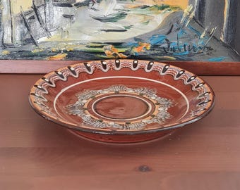 Vintage Bulgarian Pottery Troyan Ware Plate 8.5&quot; Diameter Salad Plate Brown Drip Redware Pottery Medium Plate Mid-Century Retro Kitchen