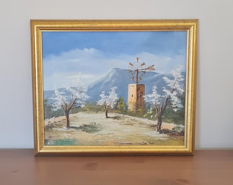 Vintage Original Painting on Canvas Framed 15"x18" Landscape Blue and White