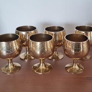 Vintage Brass Colour Plated Metal Shot Glasses Set of 6 Etched Brass Small Wine Goblets Port Marked EPNS Port Sherry Miniature Wine Cups