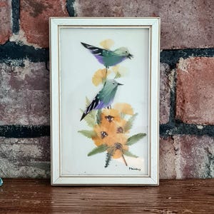 Vintage Feather Art Bird Picture Handmade Signed by Artist 4.5&quot; x 7&quot;