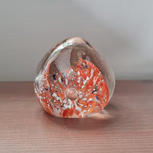 Vintage Art Glass Paperweight Small 2&quot; Diameter Floral Paperweight Polished Base Clear Glass Red White Flower Mini Retro Home Office Decor