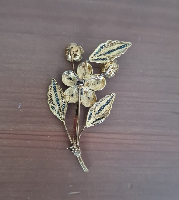 Vintage Gold Tone Filigree Flower Brooch, Enamel … - image 2