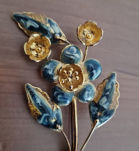 Vintage Gold Tone Filigree Flower Brooch, Enamel … - image 3