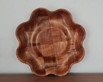 Vintage Wood Woven Flower Bowl, Checked, Parquet, Mid-Century, Wavy Edge, Floral, Raised Centre, Crisps Chips & Dip Dish