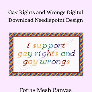 Może przedstawiać: Cyfrowy wzór do haftu na kanwie 18 mesh z napisem I support gay rights and gay wrongs wykonanym wielokolorową czcionką pikselową. Wzór jest otoczony żywą, tęczową ramką na jasnym tle.