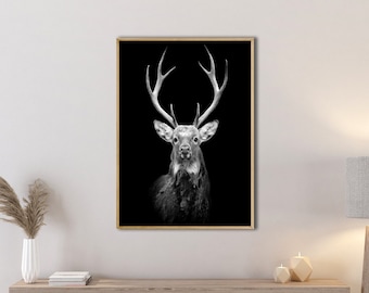 Deer Canvas Poster,Black Deer Wall Art,Deer Black and White Canvas, Deer Photo Print,