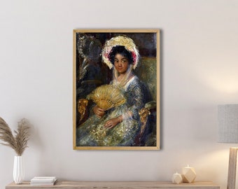Antique oil painting portrait of a black girl, African American girl art print, Black child painting, Victorian dress, Vintage child art