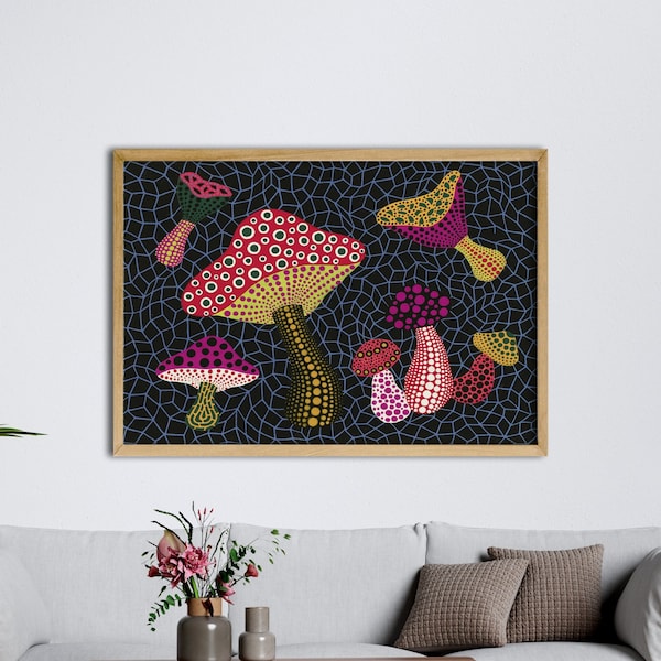 Yayoi Kusama Mushrooms Polka Dot Net Wall Art Print | Yayoi Kusama Abstract Colorful Exhibition Poster, Modern Japanese Poster