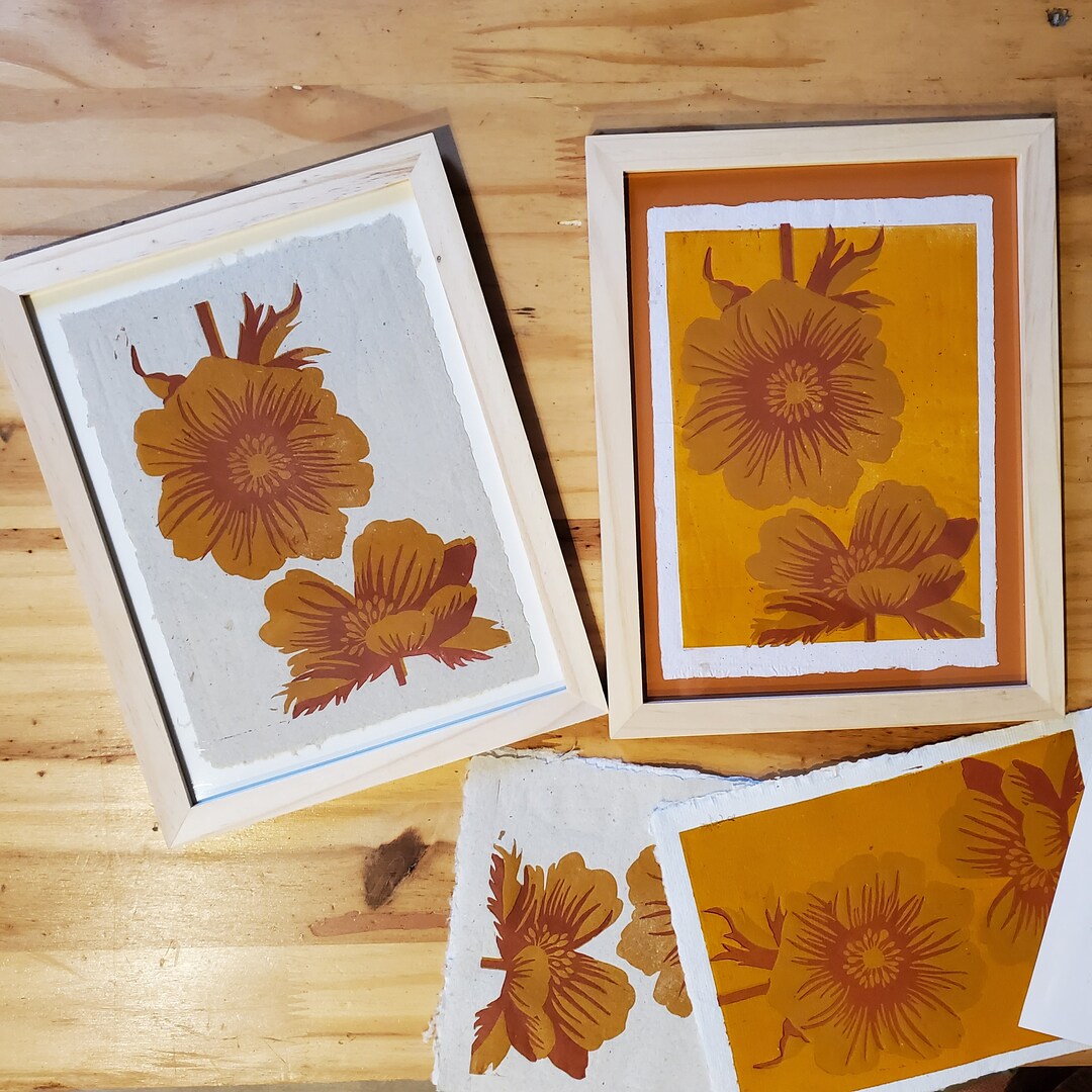 Floral Linocut on Recycled Paper - Etsy