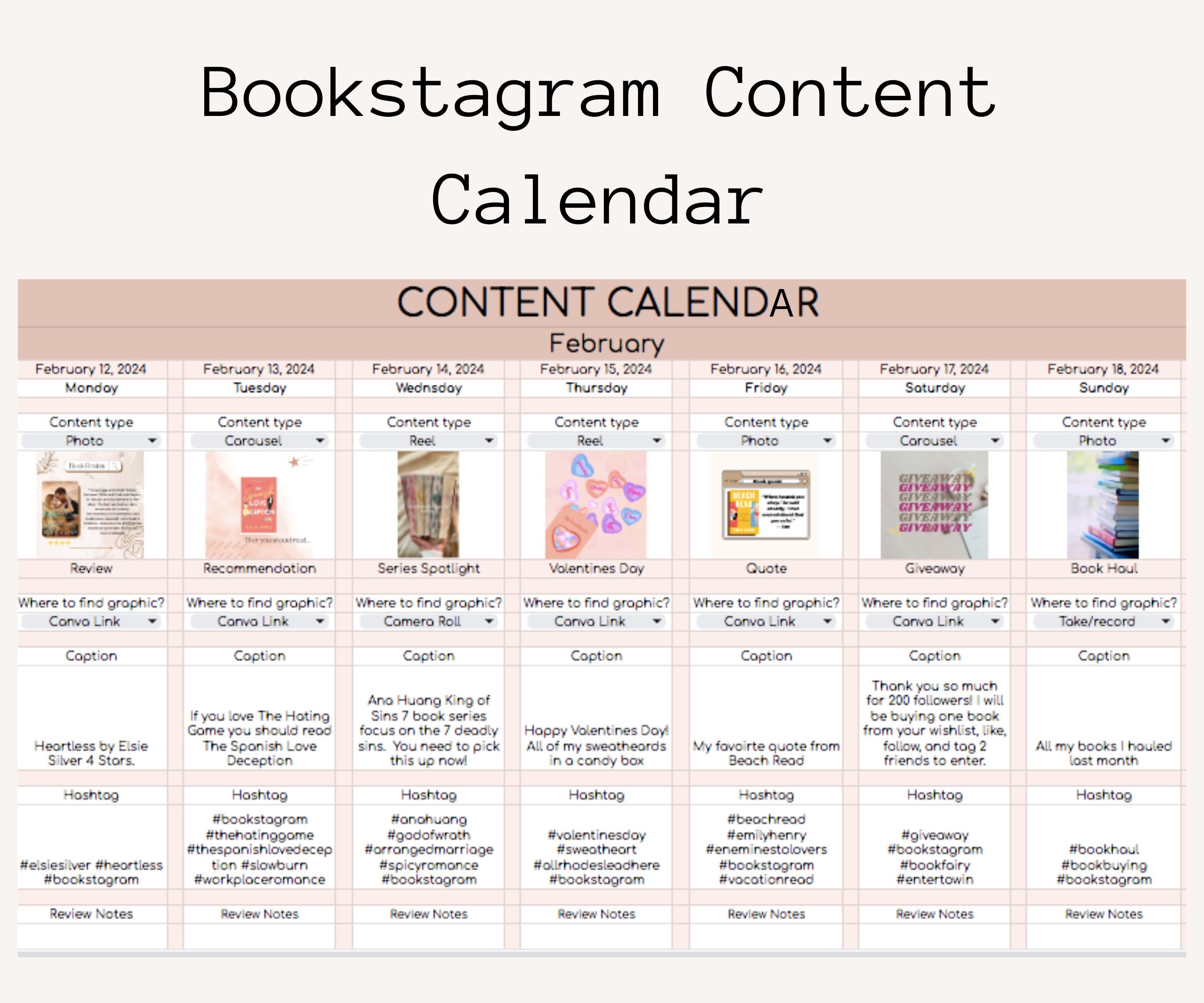 Social Media Content Calendar Planner Template for Bookstagram