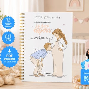 Puede incluir: Un diario de embarazo de espiral blanca con una ilustración de línea de una persona besando una barriga de embarazada. La portada incluye el texto "control process journaling", "mi diario de embarazo", "La dulce espera", "nombre aquí" y "Tu logo".
