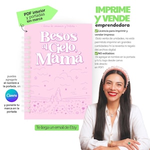 Op de afbeelding: Een spiraalgebonden notitieboek met een lichtroze kaft met de witte tekst Besos al Cielo, Mamá. De illustratie op de kaft toont een persoon en een kind in een veld onder een lucht met sterren en wolken. Het notitieboek wordt aangeboden als digitaal bestand.