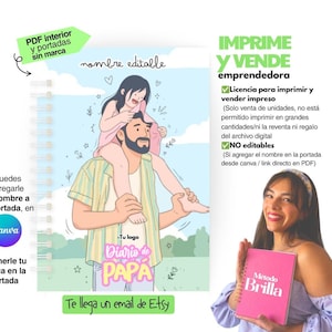 Puede incluir: Un cuaderno con espiral con una ilustración colorida de un padre llevando a un niño sobre sus hombros. La portada del cuaderno tiene el texto "Diario de PAPA" y otro texto en español. Una mujer sostiene un cuaderno rosa con el texto "Método Brilla".