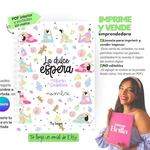 Op de afbeelding: Een wit spiraalgebonden notitieboek met de Spaanse tekst "La dulce espera" en illustraties van yogahoudingen. Het notitieboek is ontworpen als een zwangerschapsdagboek. De afbeelding bevat ook tekst in het Spaans.