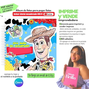 Puede incluir: Portada de álbum de fotos con una ilustración de un vaquero de dibujos animados. El álbum se titula "MIS DIAS DE AVENTURA" e incluye el texto "PDF interior y portadas sin marca". El texto adicional incluye "IMPRIME Y VENDE emprendedora".