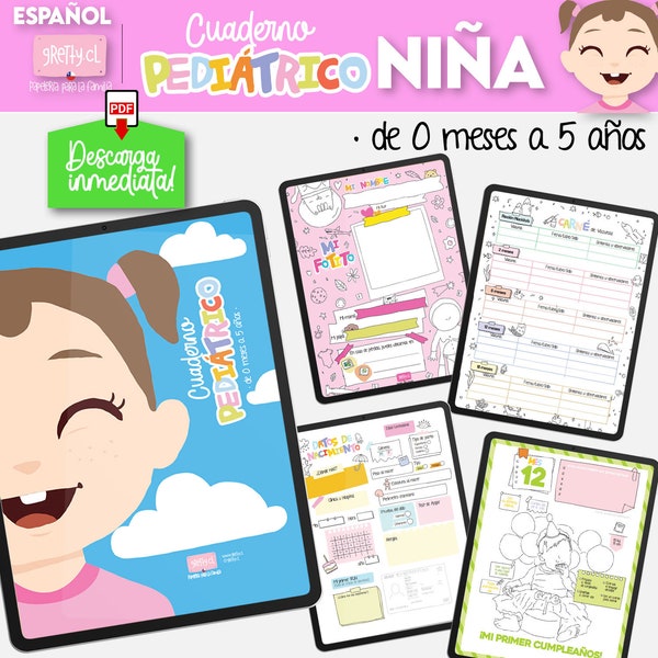 Niña Cuaderno Pediátrico, Girl,  Ipad , PDF, imprimible, digital, planner, baby, childrens, control pediátrico, agenda pediátrica, Español