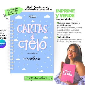 Op de afbeelding: Een lichtblauw spiraalgebonden notitieboek met de titel "CARTAS del CIELO" in witte en roze letters. Het notitieboek heeft een wolkenontwerp en tekst in het Spaans. Een vrouw houdt een roze notitieboek met de tekst "Método Brilla".