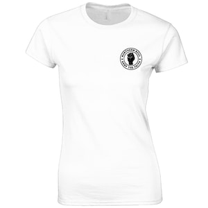 May include: White t-shirt with a black circle logo that says "Northern Soul Keep The Faith" and features a raised fist.