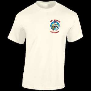 May include: A white t-shirt with a circular logo featuring two cartoon chickens in a blue circle with the text "Los Pollos Hermanos" in red.