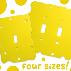 May include: Four yellow light switch covers with a cheese-like design. The covers have different sizes and are available in four sizes.