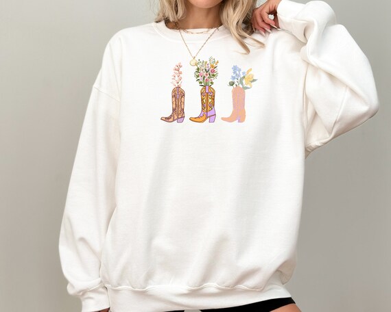 Floral Cowboy Boots Gildan Crewneck Sweatshirt, Flower Cowgirl Boots Sweatshirt, Western Crewneck, Gift Idea, Gift for Friends