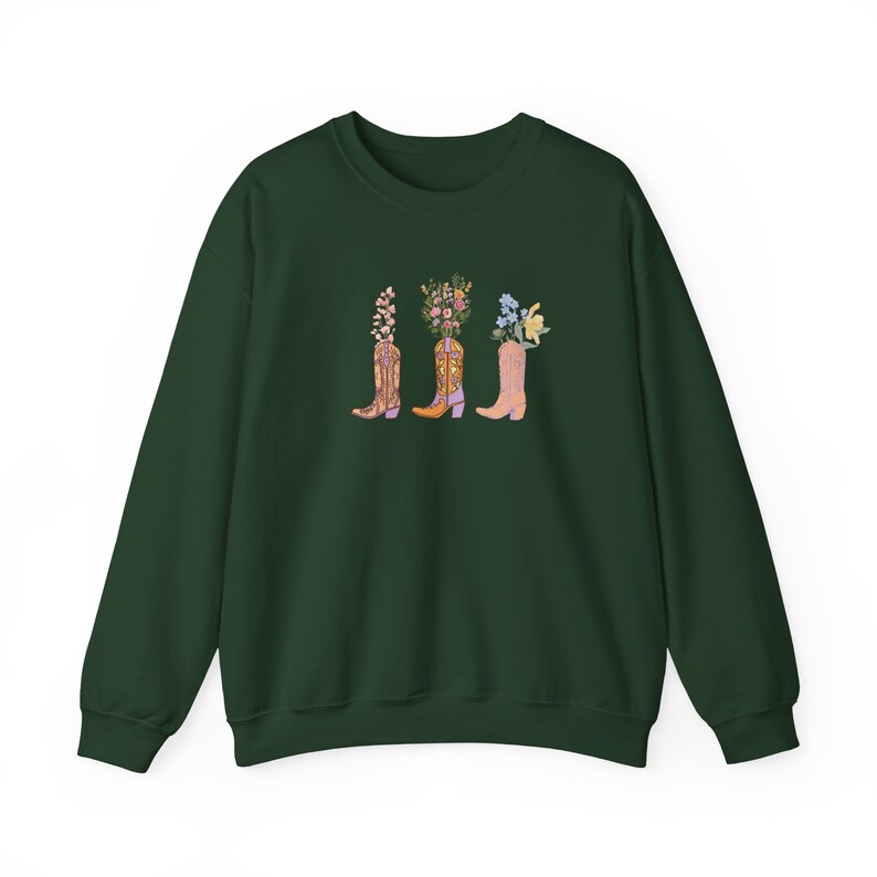 Botas de vaquero florales Gildan Crewneck sudadera, sudadera de botas de vaquera de flores, cuello redondo occidental, idea de regalo, regalo para amigos imagen 9