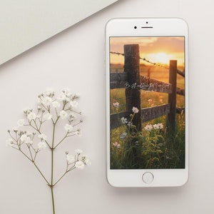 May include: A white smartphone with a sunset landscape wallpaper. The wallpaper features a wooden fence with barbed wire, green grass, and wildflowers. The text "Be at peace, and let go of what you cannot control" is written on the fence.