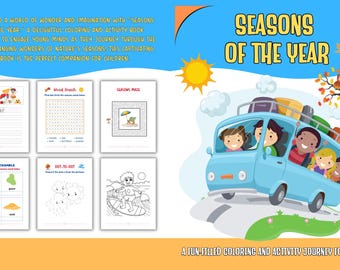 May include: A colorful children's activity book titled "Seasons of the Year" with illustrations of summer, mazes, and dot-to-dot activities. The cover features a blue bus with children and the text "Seasons of the Year".