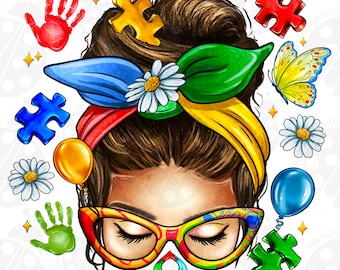 Autism Mom Messy Bun Png Sublimation Design Download, Momlife Png,Messy Bun Png, Autism Mom Png, Autism Png, Sublimate Designs Download