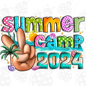 May include: A colourful illustration of the words "Summer Camp 2024" with a peace sign, palm tree, seashells and a beach scene.