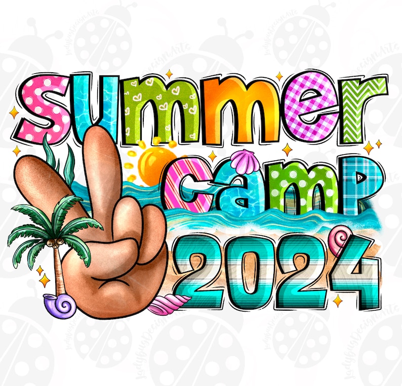 May include: A colourful illustration of the words "Summer Camp 2024" with a peace sign, palm tree, seashells and a beach scene.