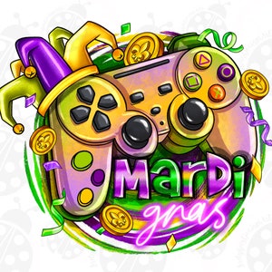 May include: A purple, green, and gold video game controller with the words "Mardi Gras" written in purple and green. The controller is surrounded by confetti and Mardi Gras beads.