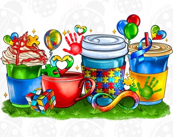 Autism Coffee Cups Png, Sublimation Design Download, Coffee Cups Png Design, Autism Awareness Png, Sublimate Designs Download