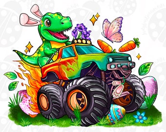 Monster Truck And t-Rex Dinosaur Easter Png Sublimation Design Download, T-Rex Png, Happy Easter Day Png, Sublimate Designs Download
