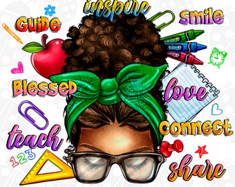 Afro chignon désordonné enseigner inspirer l'amour téléchargement de conception de sublimation png béni, conception de chignon désordonné, fête des enseignants png, téléchargement de dessins