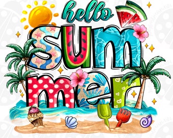 Hello summer png sublimation design download, hello summer png, summer vibes png, palm trees png, sublimate designs download
