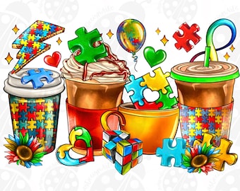 Autism Coffee Cups Png, Sublimation Design Download, Coffee Cups Png Design, Autism Awareness Png, Sublimate Designs Download