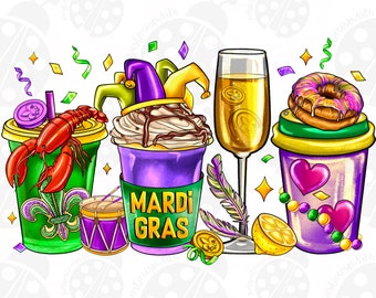 Mardi Gras Coffee Cups Png Sublimation Design, Mardi Gras Png, Fleur De Lis Png, Mardi Gras Coffee Cups Png,Coffee Cups Png,Digital Download