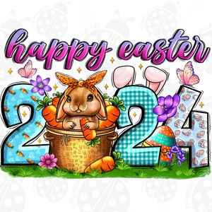 May include: Happy Easter 2024 graphic with a bunny rabbit wearing a bandana holding carrots in a basket. The numbers 2024 are in a blue and white checkered pattern with a blue and green Easter egg and flowers.