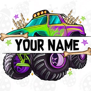 Puede incluir: Un camión monstruo verde y morado con huesos que sobresalen de la caja. El camión tiene grandes neumáticos negros y un interior morado y verde. Las palabras "YOUR NAME" están escritas en letras negras sobre una pancarta blanca.