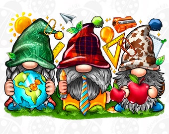 May include: Three gnomes dressed in school-themed outfits. The gnome on the left is holding a globe, the middle gnome is holding a pencil, and the gnome on the right is holding an apple. The gnomes are surrounded by school supplies, including a ruler, a pencil sharpener, and a paperclip.
