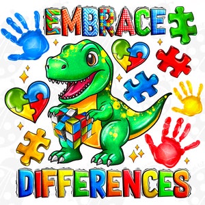 May include: A green dinosaur holding a colorful Rubik's cube, surrounded by puzzle pieces, handprints, and the words "EMBRACE DIFFERENCES" in colorful letters.