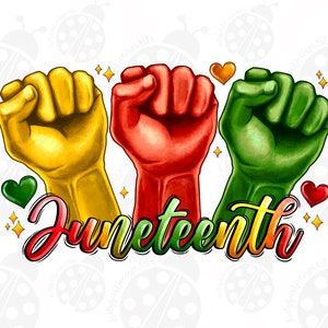 May include: Three raised fists in yellow, red, and green, symbolizing the colors of the Pan-African flag. The word "Juneteenth" is written in a colorful, stylized font below the fists.